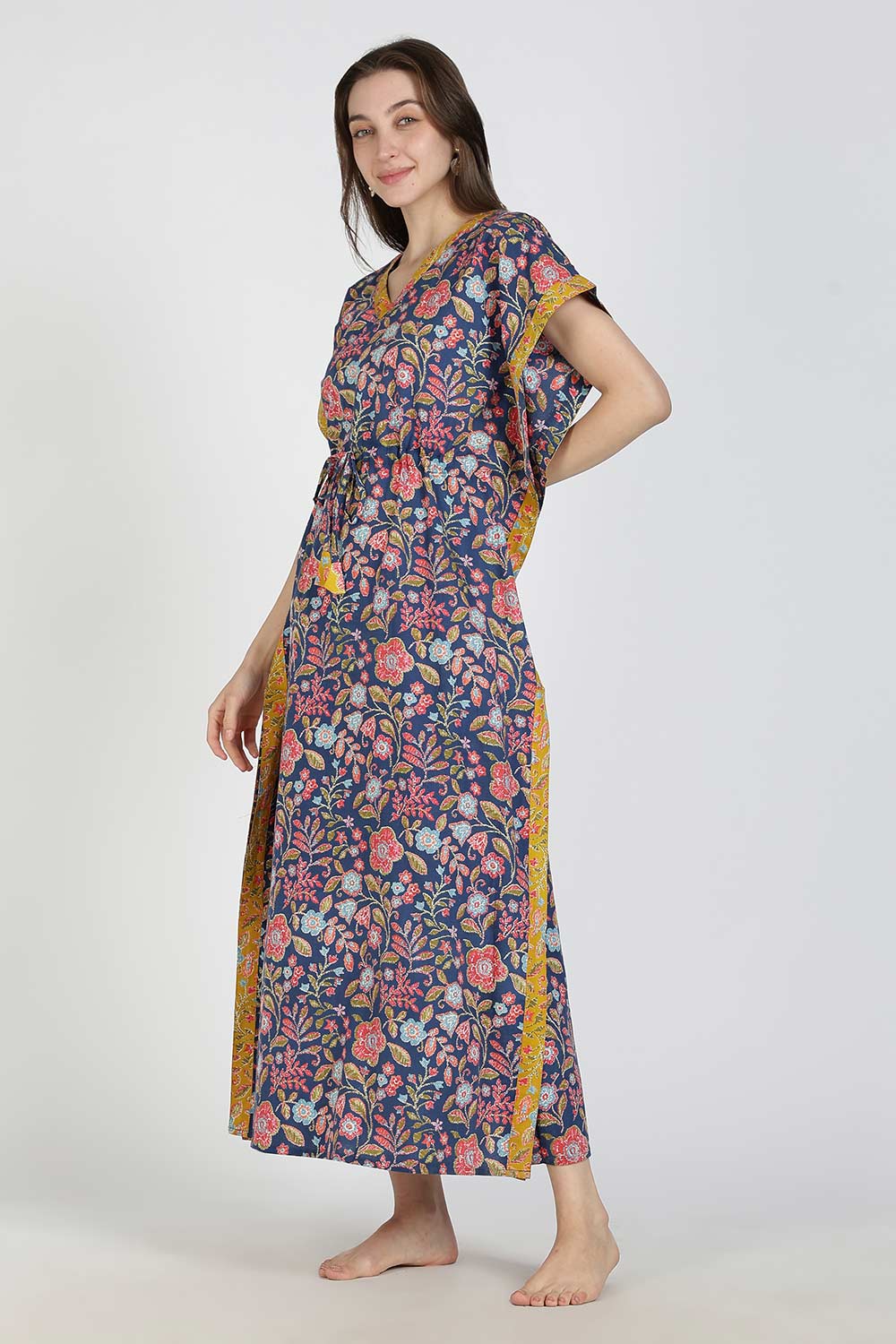 Naidu Hall Women’s Printed Cotton Kaftan Nighty | Full Length V-Neck Half Sleeve Floral Buti Print Kaftan for Daily Wear & Sleepwear
 - NB34