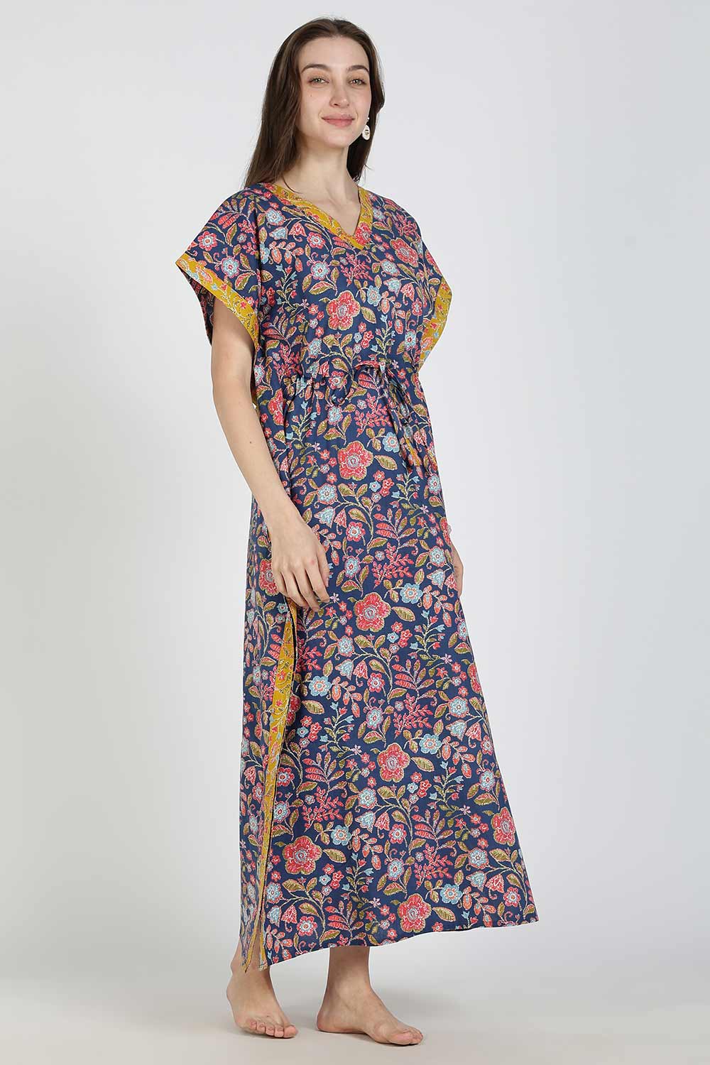 Naidu Hall Women’s Printed Cotton Kaftan Nighty | Full Length V-Neck Half Sleeve Floral Buti Print Kaftan for Daily Wear & Sleepwear
 - NB34