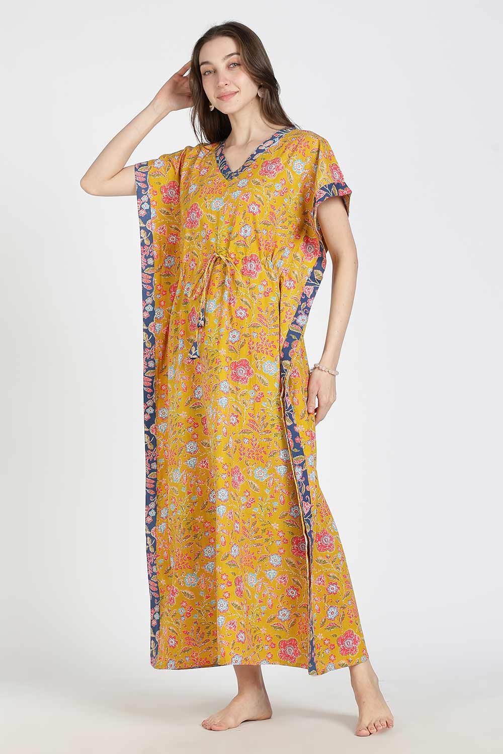 Naidu Hall Women’s Printed Cotton Kaftan Nighty | Full Length V-Neck Half Sleeve Floral Buti Print Kaftan for Daily Wear & Sleepwear
 - NB34