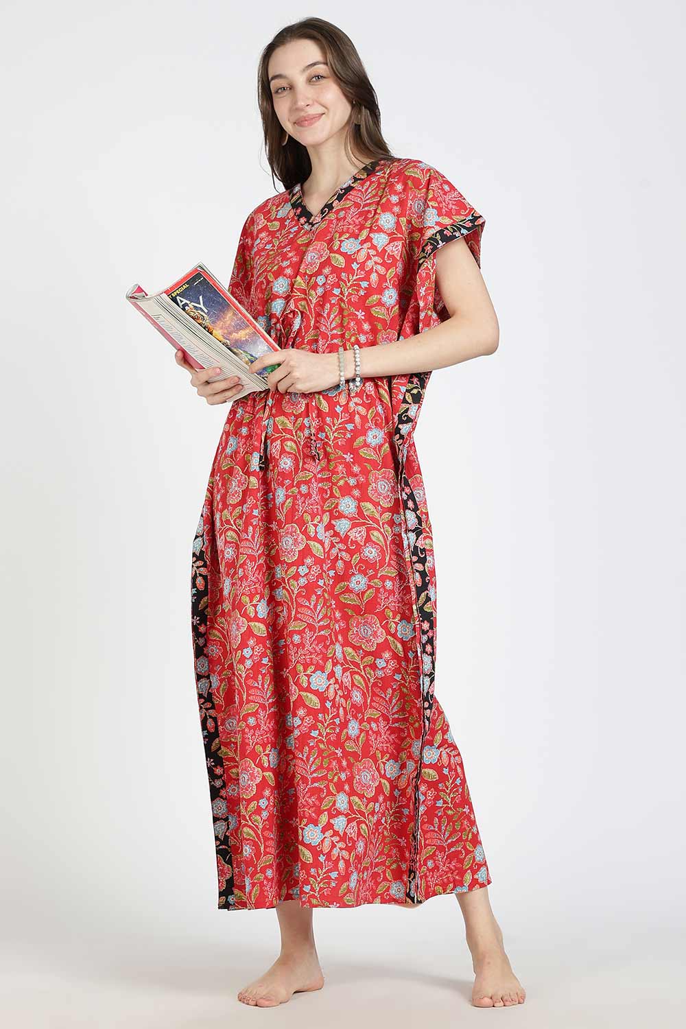 Naidu Hall Women’s Printed Cotton Kaftan Nighty | Full Length V-Neck Half Sleeve Floral Buti Print Kaftan for Daily Wear & Sleepwear
 - NB34