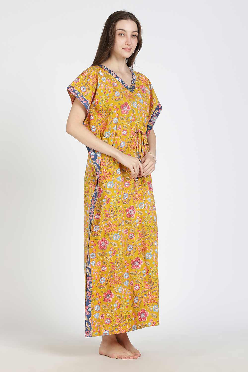 Naidu Hall Women’s Printed Cotton Kaftan Nighty | Full Length V-Neck Half Sleeve Floral Buti Print Kaftan for Daily Wear & Sleepwear
 - NB34