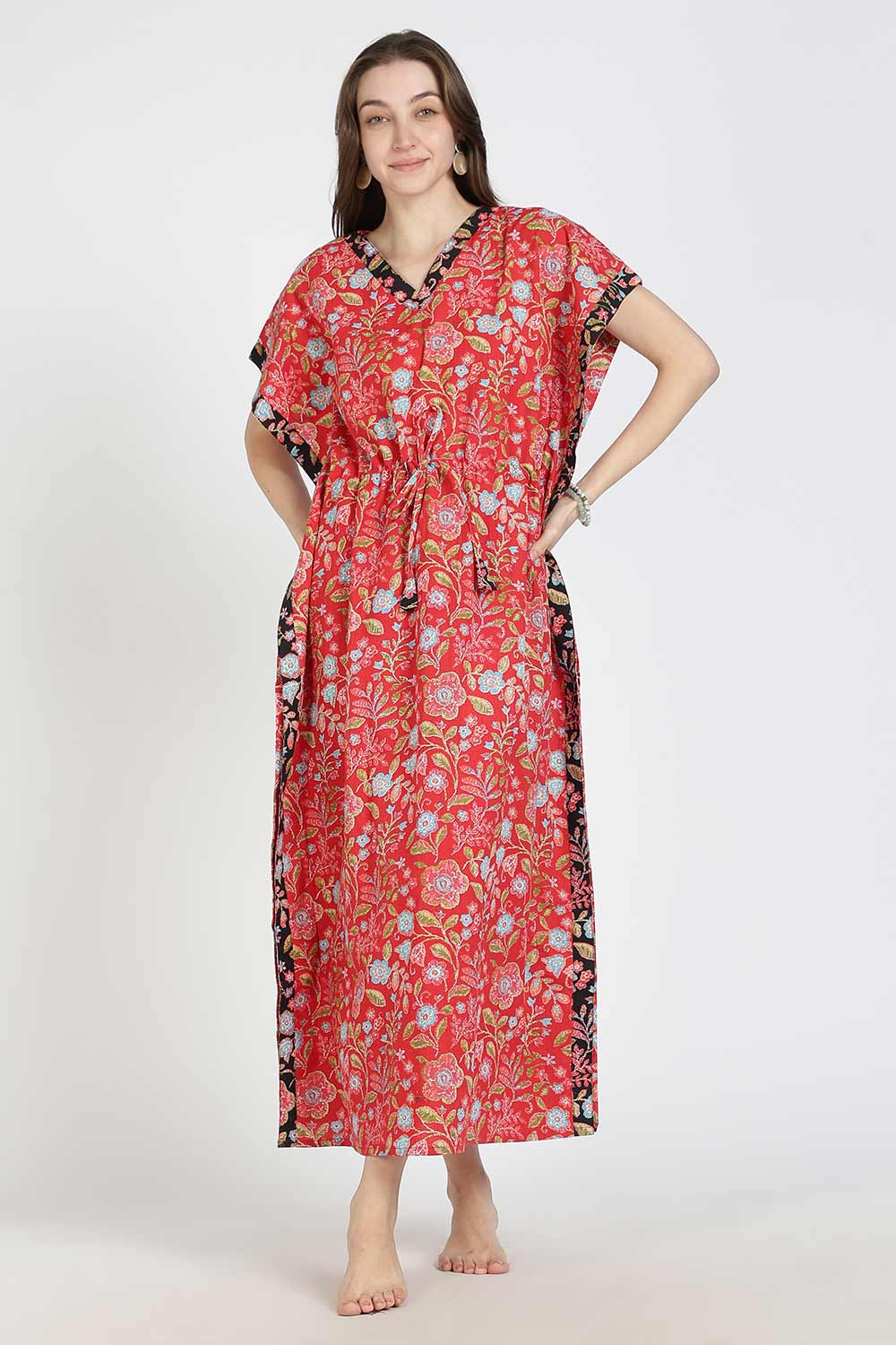 Naidu Hall Women’s Printed Cotton Kaftan Nighty | Full Length V-Neck Half Sleeve Floral Buti Print Kaftan for Daily Wear & Sleepwear
 - NB34