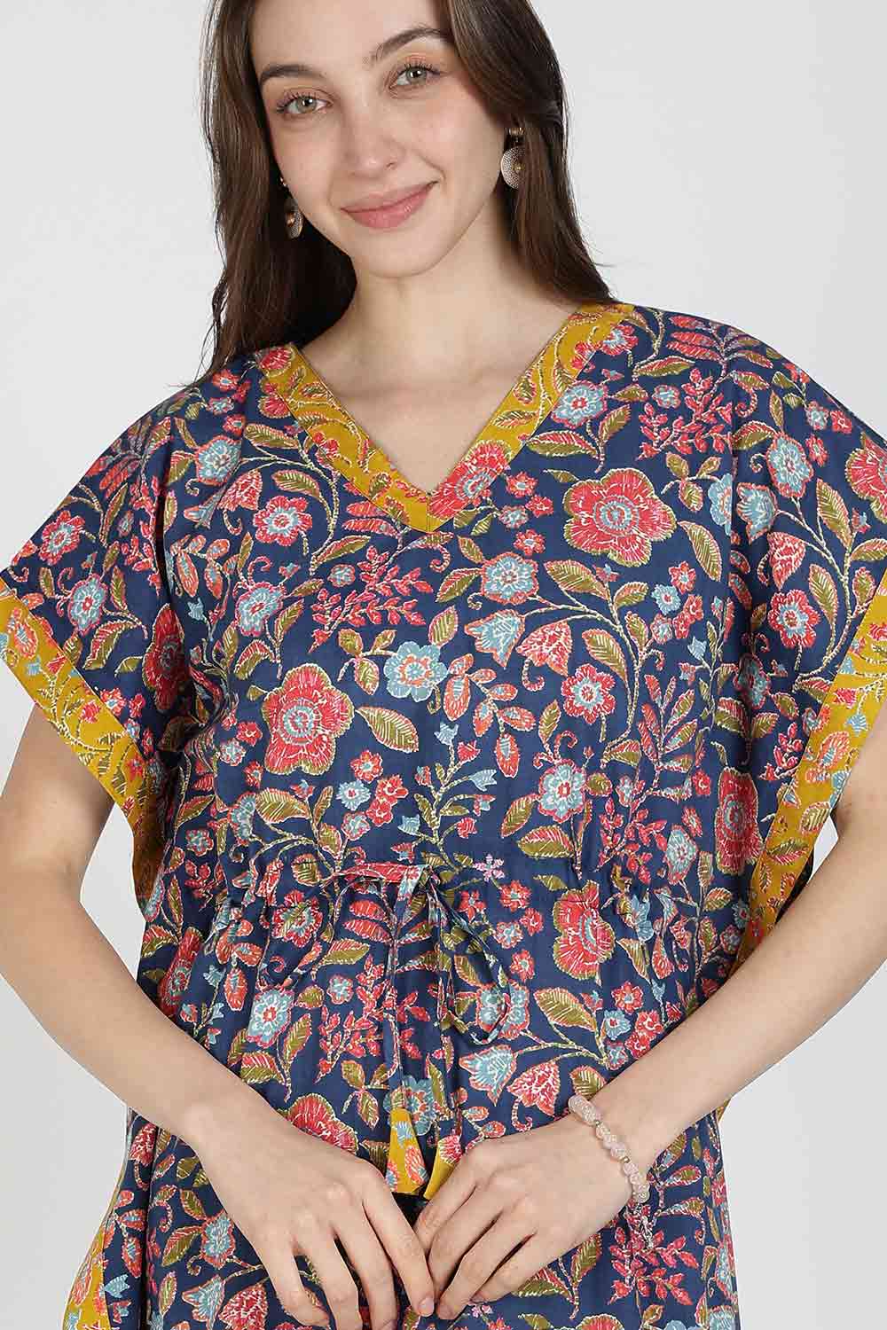 Naidu Hall Women’s Printed Cotton Kaftan Nighty | Full Length V-Neck Half Sleeve Floral Buti Print Kaftan for Daily Wear & Sleepwear
 - NB34