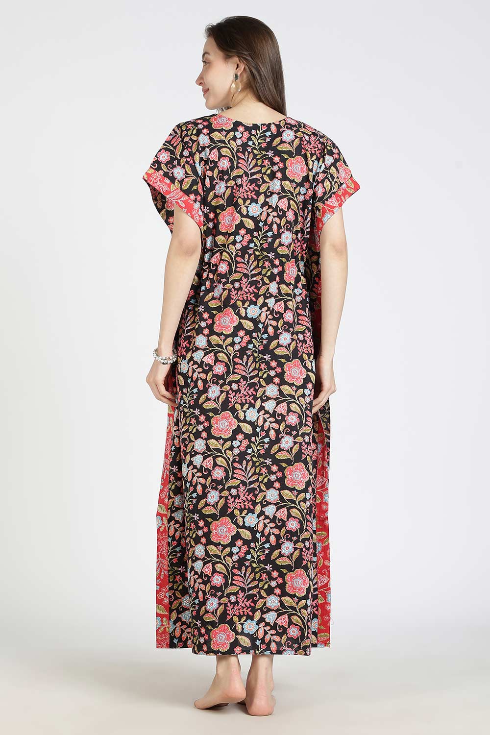 Naidu Hall Women’s Printed Cotton Kaftan Nighty | Full Length V-Neck Half Sleeve Floral Buti Print Kaftan for Daily Wear & Sleepwear
 - NB34