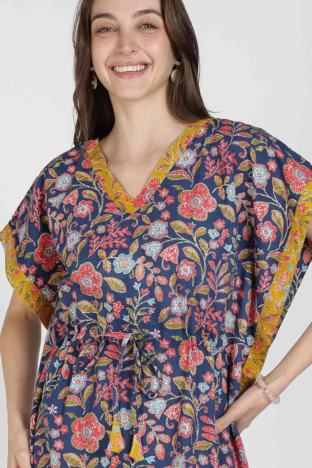 Naidu Hall Women’s Printed Cotton Kaftan Nighty | Full Length V-Neck Half Sleeve Floral Buti Print Kaftan for Daily Wear & Sleepwear
 - NB34