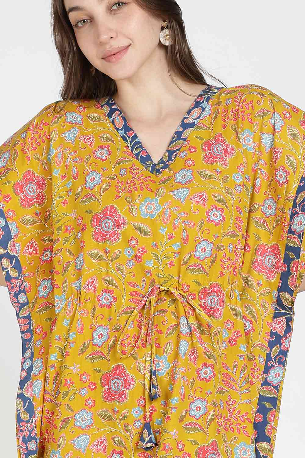Naidu Hall Women’s Printed Cotton Kaftan Nighty | Full Length V-Neck Half Sleeve Floral Buti Print Kaftan for Daily Wear & Sleepwear
 - NB34