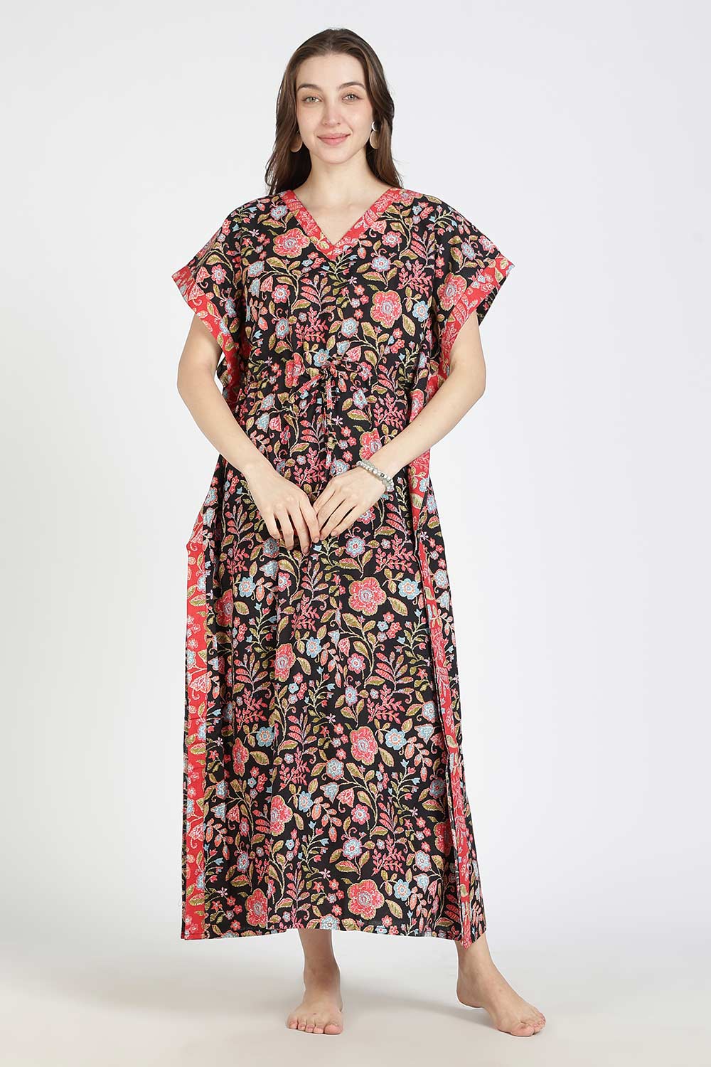 Naidu Hall Women’s Printed Cotton Kaftan Nighty | Full Length V-Neck Half Sleeve Floral Buti Print Kaftan for Daily Wear & Sleepwear
 - NB34