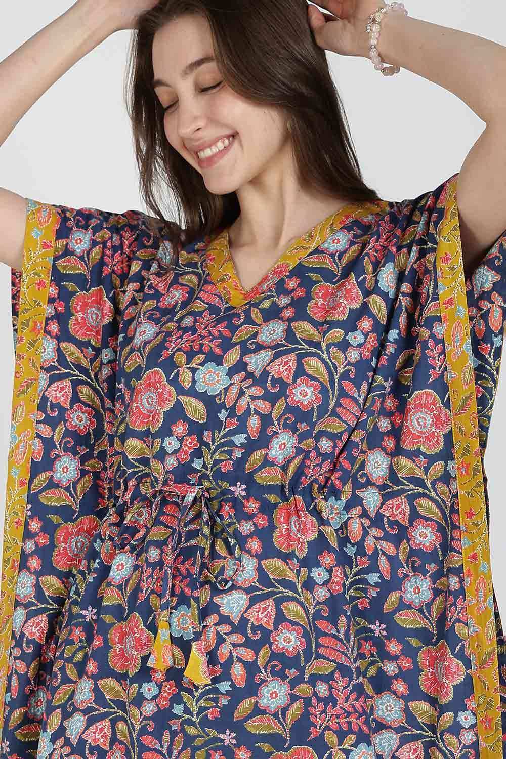 Naidu Hall Women’s Printed Cotton Kaftan Nighty | Full Length V-Neck Half Sleeve Floral Buti Print Kaftan for Daily Wear & Sleepwear
 - NB34