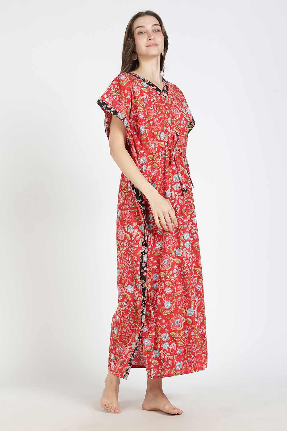 Naidu Hall Women’s Printed Cotton Kaftan Nighty | Full Length V-Neck Half Sleeve Floral Buti Print Kaftan for Daily Wear & Sleepwear
 - NB34