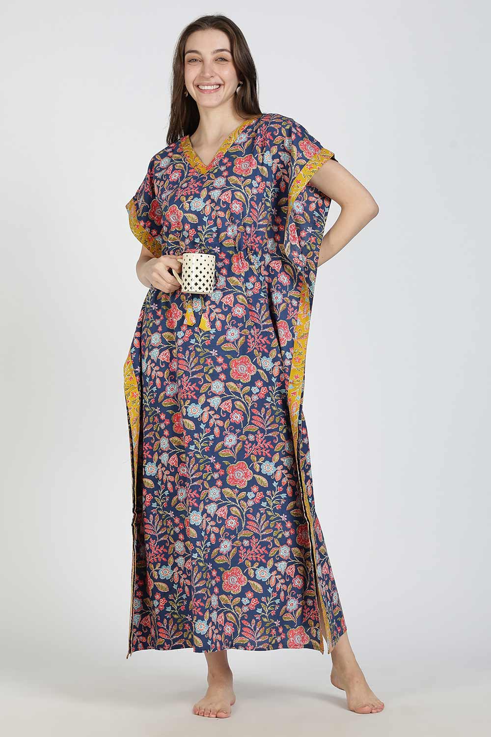 Naidu Hall Women’s Printed Cotton Kaftan Nighty | Full Length V-Neck Half Sleeve Floral Buti Print Kaftan for Daily Wear & Sleepwear
 - NB34