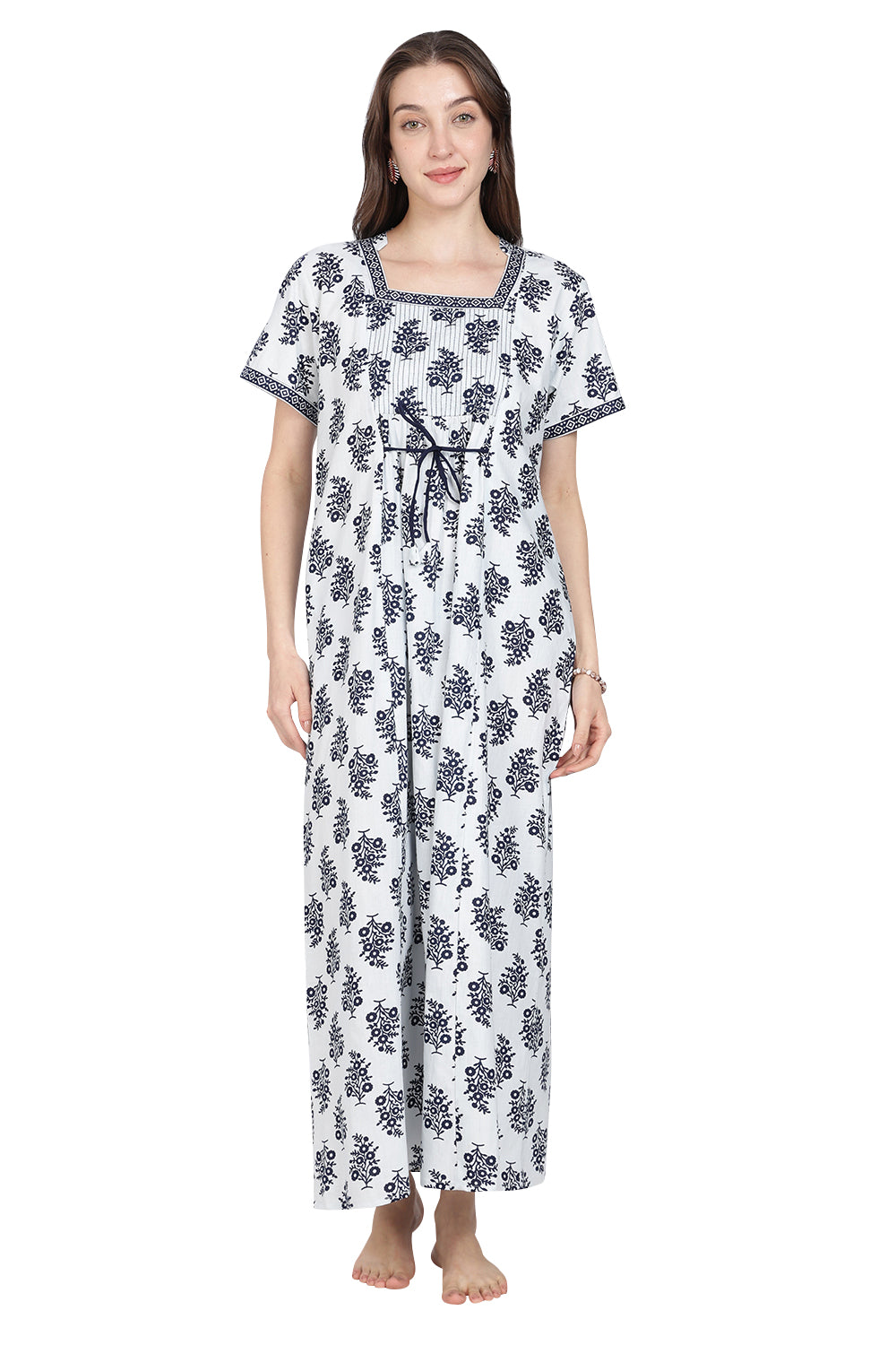 Naidu Hall Women's Printed Cotton Nighty | Full-Length Daily Wear & Sleepwear Nightdress with Square Neck & Mandarin Collar
 - NB24