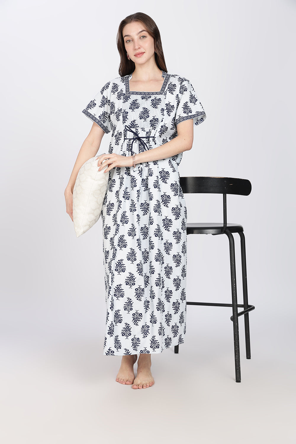 Naidu Hall Women’s Printed Cotton Nighty | Full-Length Daily Wear & Sleepwear Nightdress with Square Neck & Mandarin Collar
 - NB24