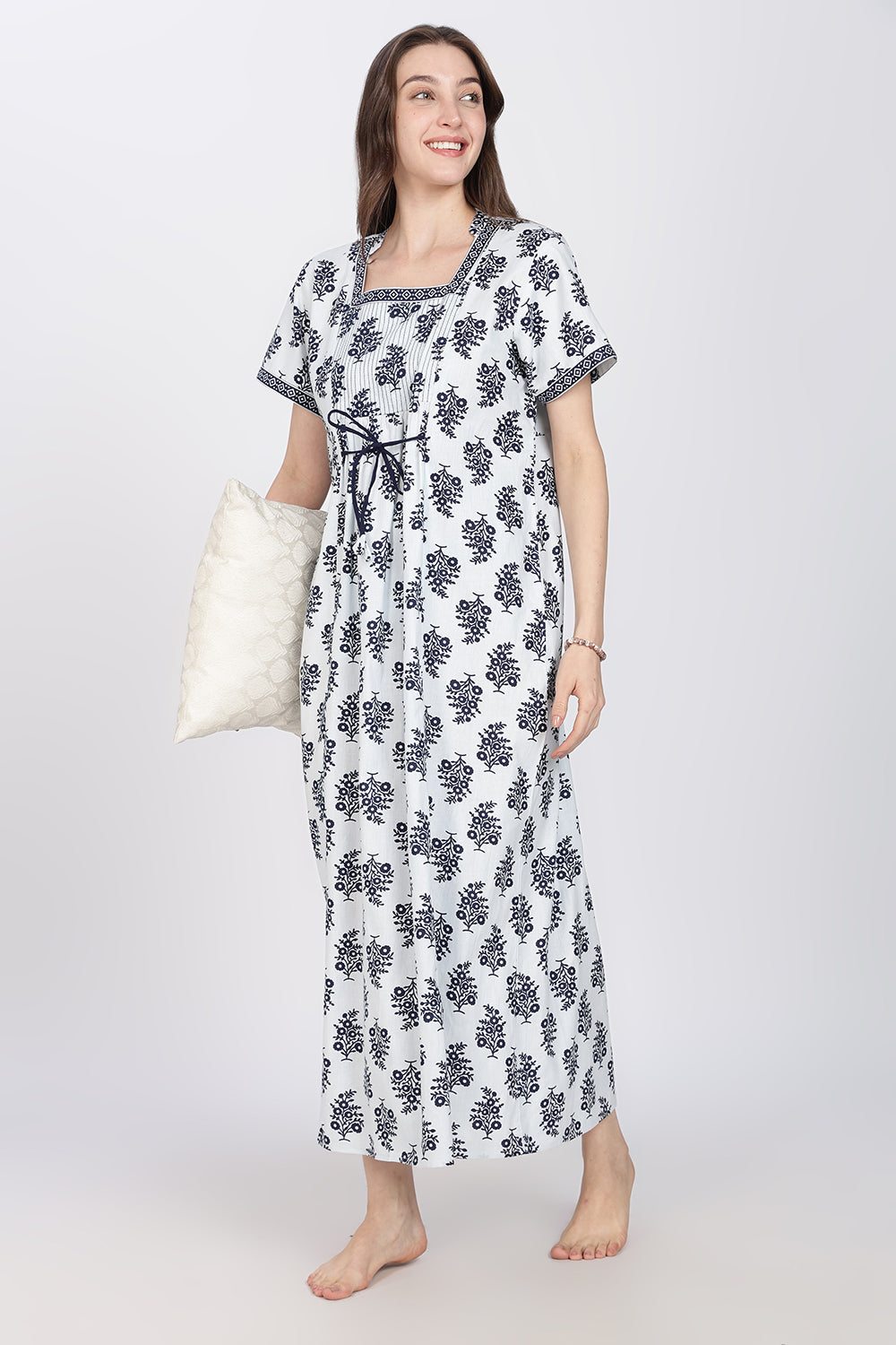 Naidu Hall Women's Printed Cotton Nighty | Full-Length Daily Wear & Sleepwear Nightdress with Square Neck & Mandarin Collar
 - NB24