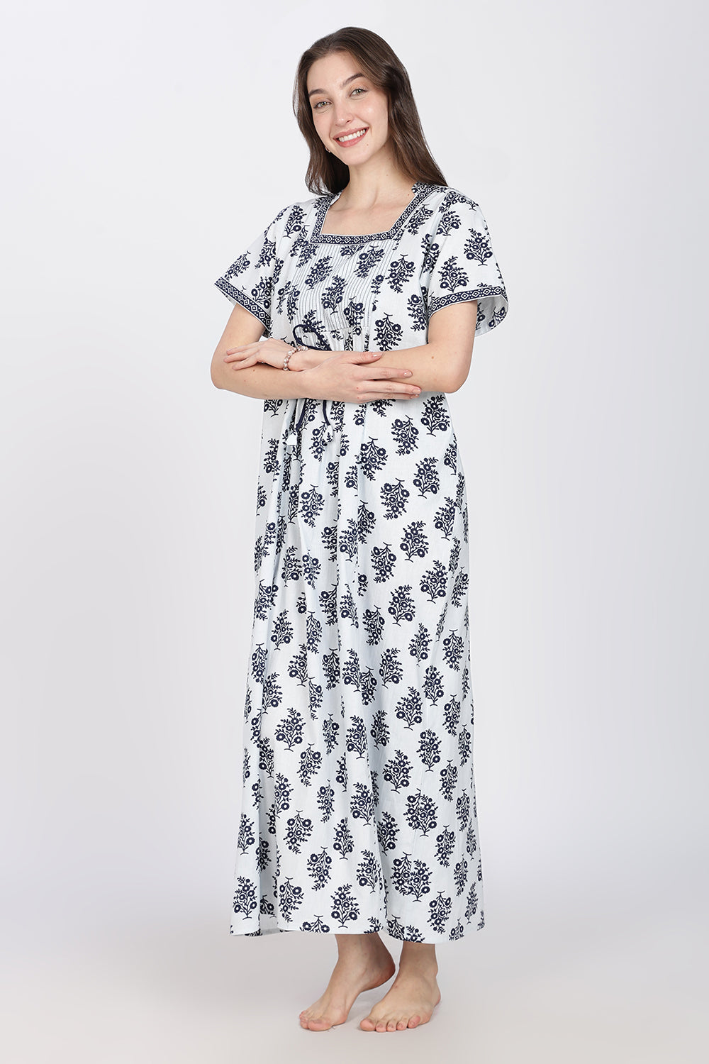 Naidu Hall Women’s Printed Cotton Nighty | Full-Length Daily Wear & Sleepwear Nightdress with Square Neck & Mandarin Collar
 - NB24