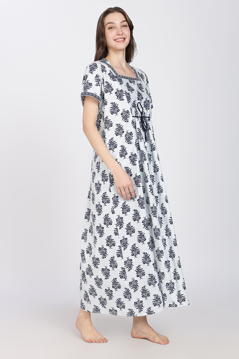 Naidu Hall Women's Printed Cotton Nighty | Full-Length Daily Wear & Sleepwear Nightdress with Square Neck & Mandarin Collar
 - NB24