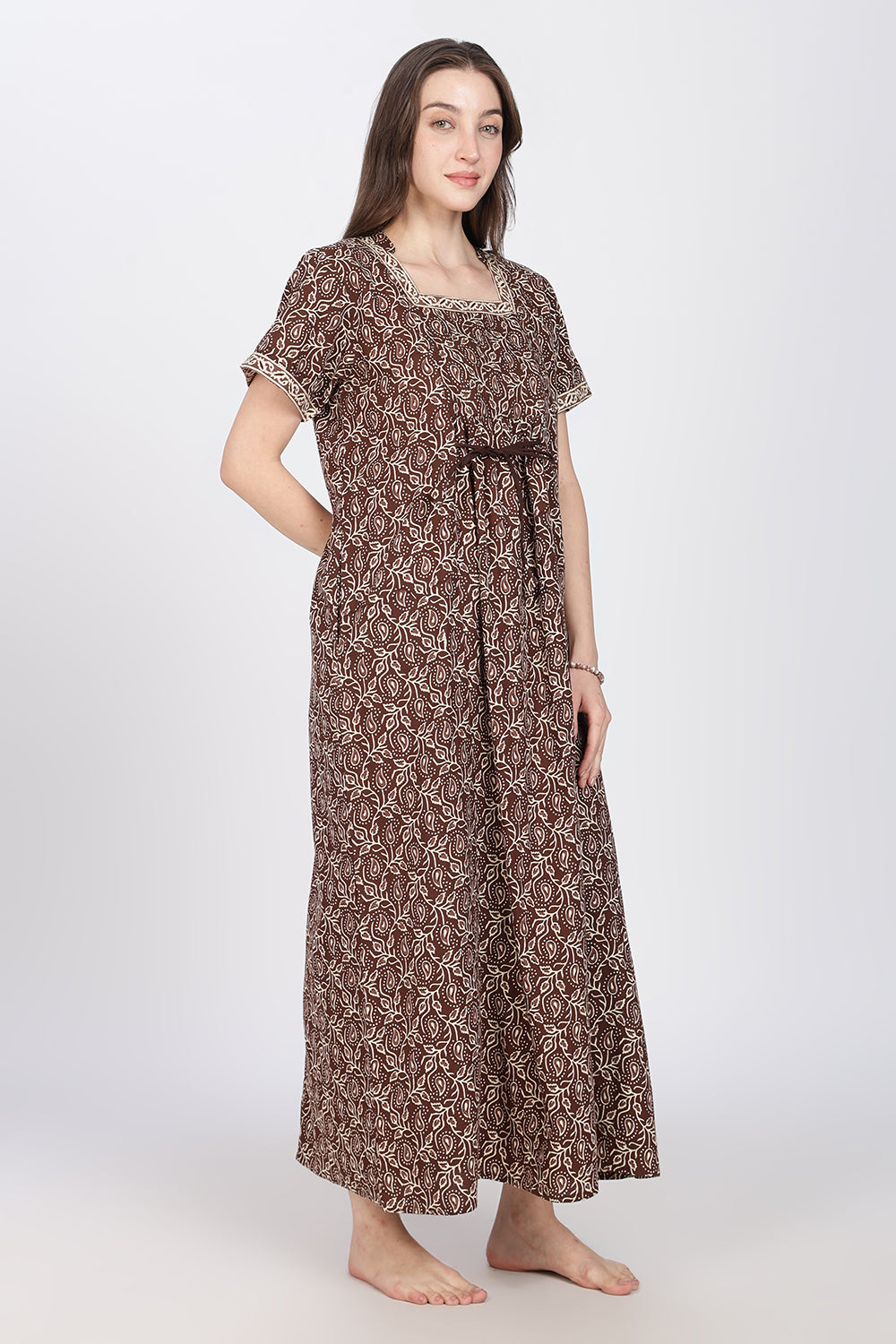 Naidu Hall Women’s Printed Cotton Nighty | Full Length Mandarin Collar Half Sleeve Botanical Leaf Print Nightdress for Daily Wear & Sleepwear
 - NB32