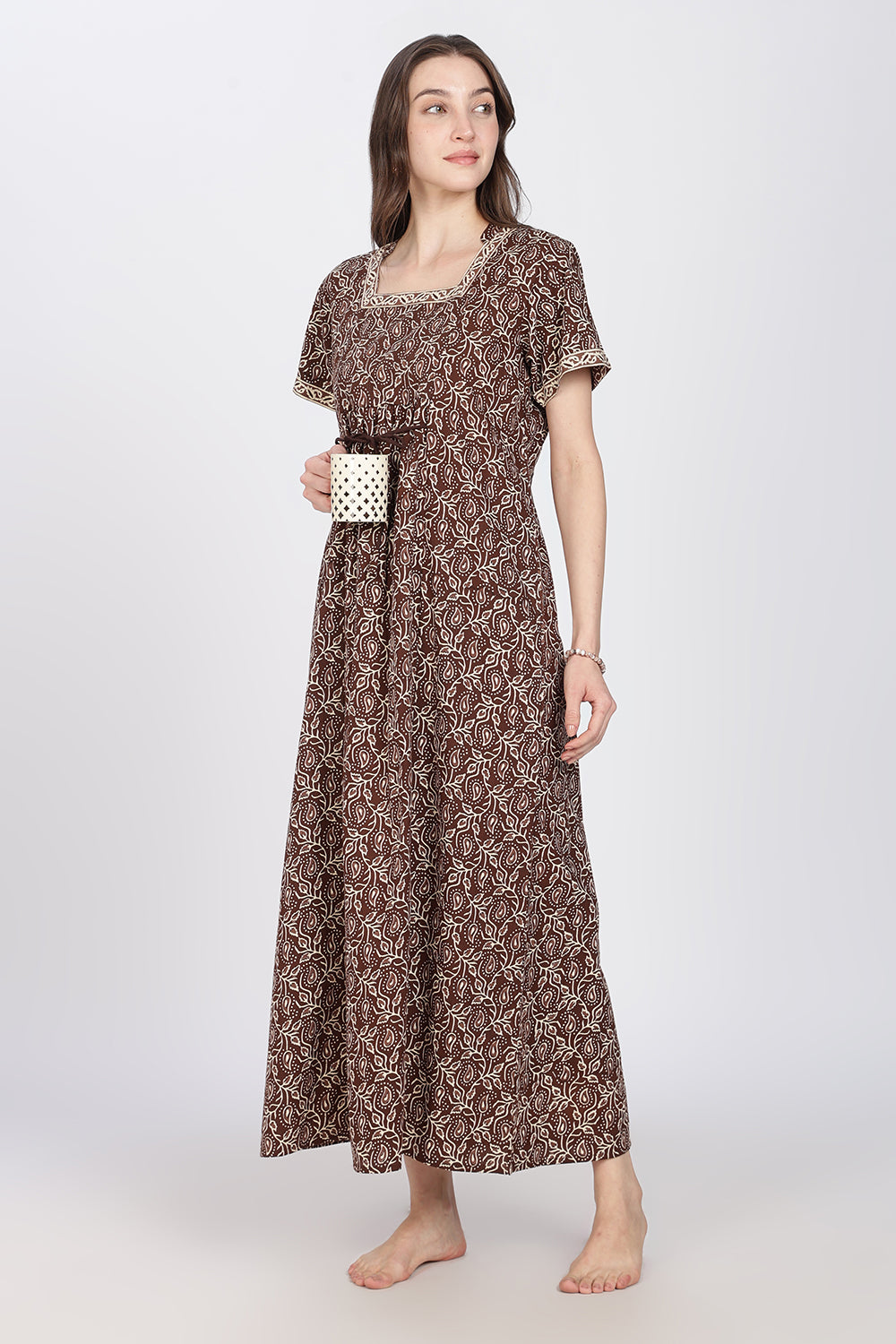 Naidu Hall Women’s Printed Cotton Nighty | Full Length Mandarin Collar Half Sleeve Botanical Leaf Print Nightdress for Daily Wear & Sleepwear
 - NB32