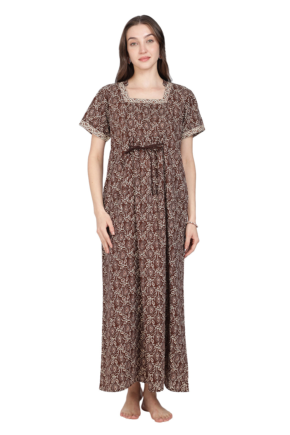 Naidu Hall Women’s Printed Cotton Nighty | Full-Length Daily Wear & Sleepwear Nightdress with Square Neck & Mandarin Collar
 - NB22