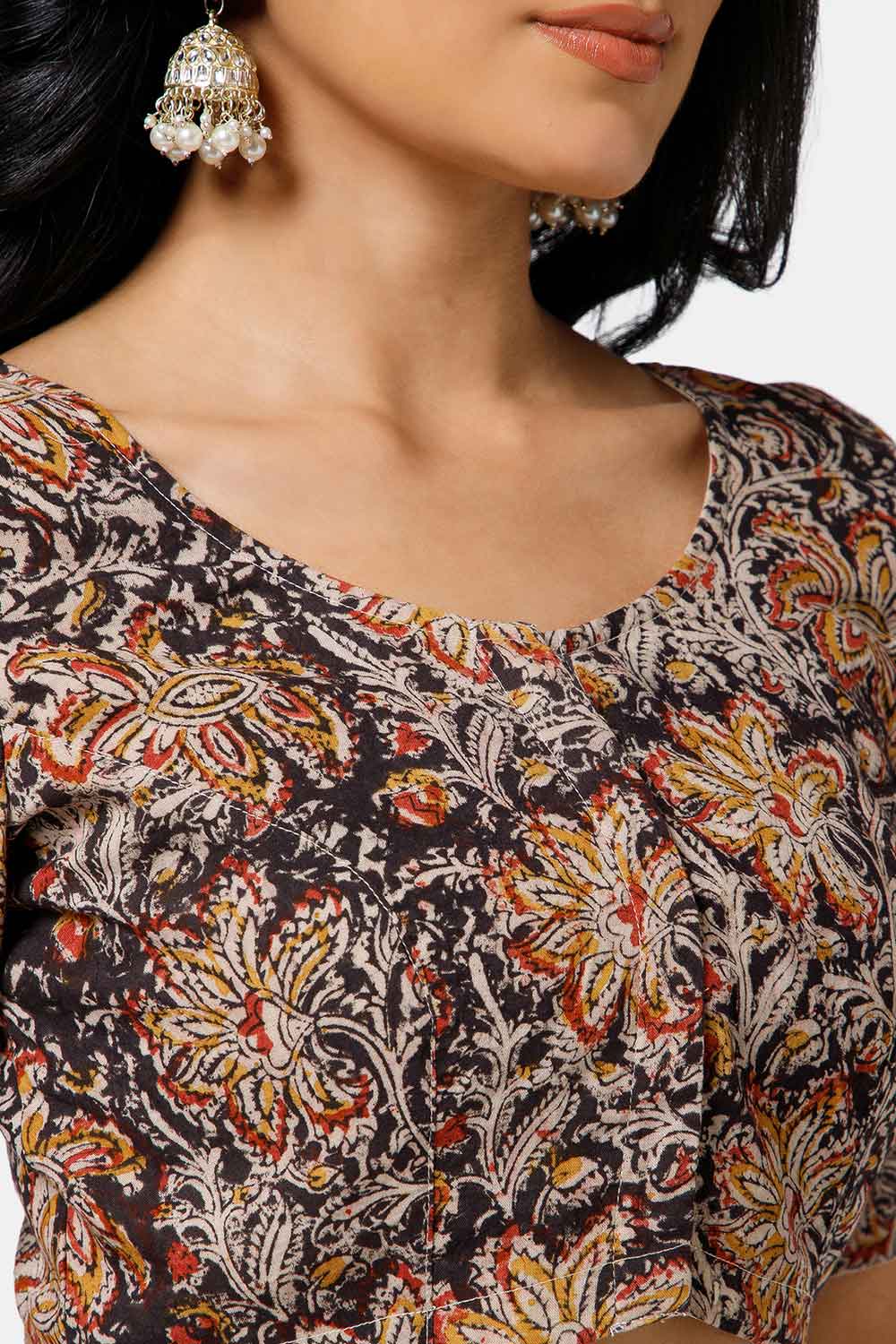 Naidu Hall Women’s Cotton Blouse – U-Neck Front Open Blouse with Princess Cut & Elbow Sleeves | Everyday Ethnic Wear - BU17-K6