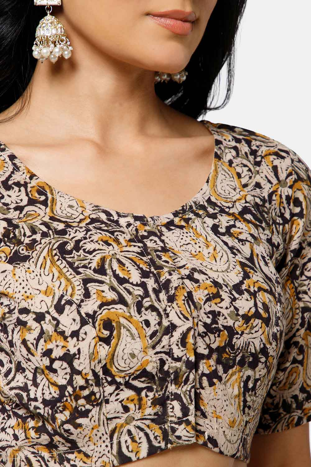 Naidu Hall Women’s Cotton Blouse – U-Neck Front Open Blouse with Princess Cut & Elbow Sleeves | Everyday Ethnic Wear - BU17-K6
