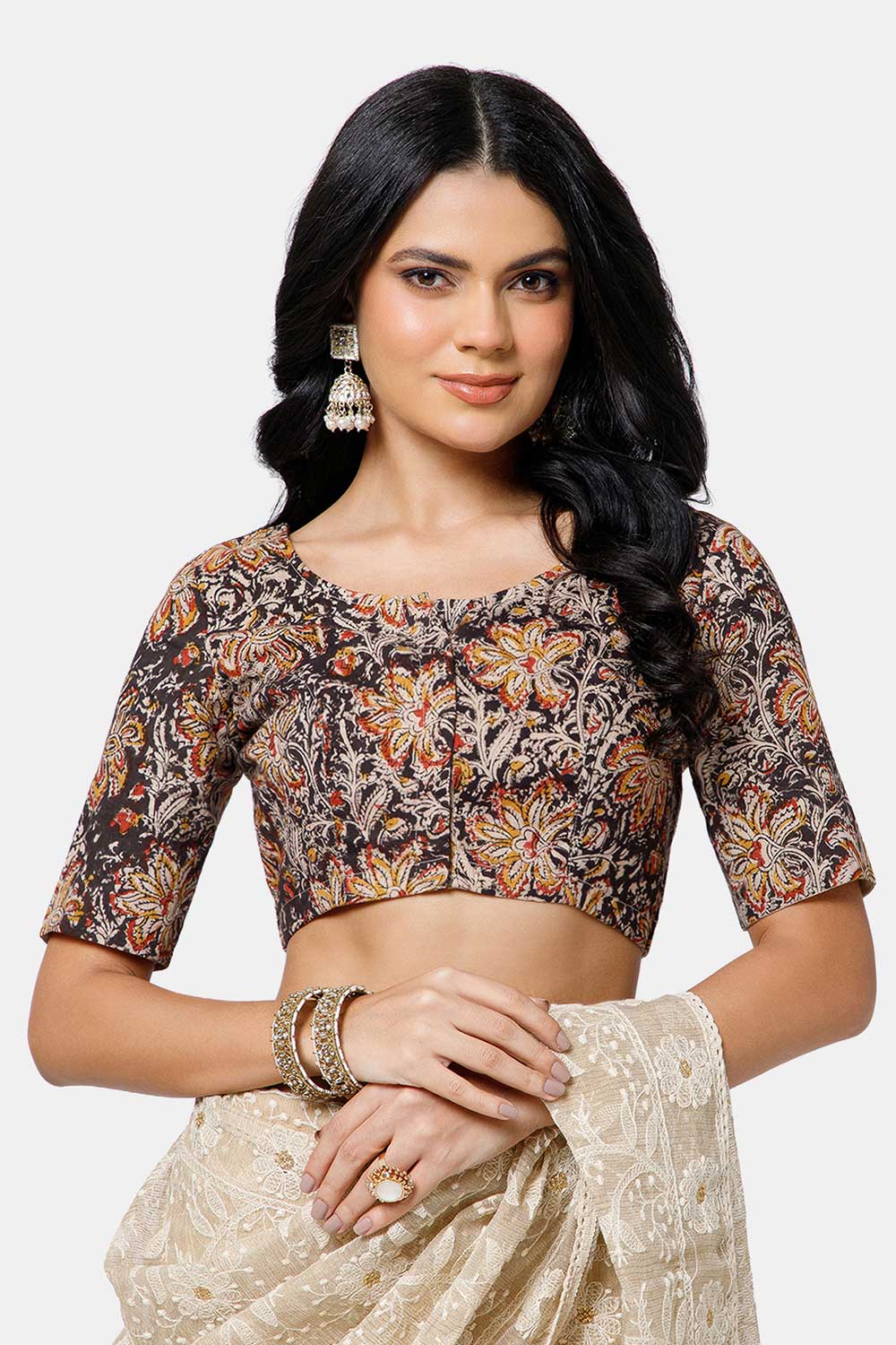 Naidu Hall Women’s Cotton Blouse – U-Neck Front Open Blouse with Princess Cut & Elbow Sleeves | Everyday Ethnic Wear - BU17-K6