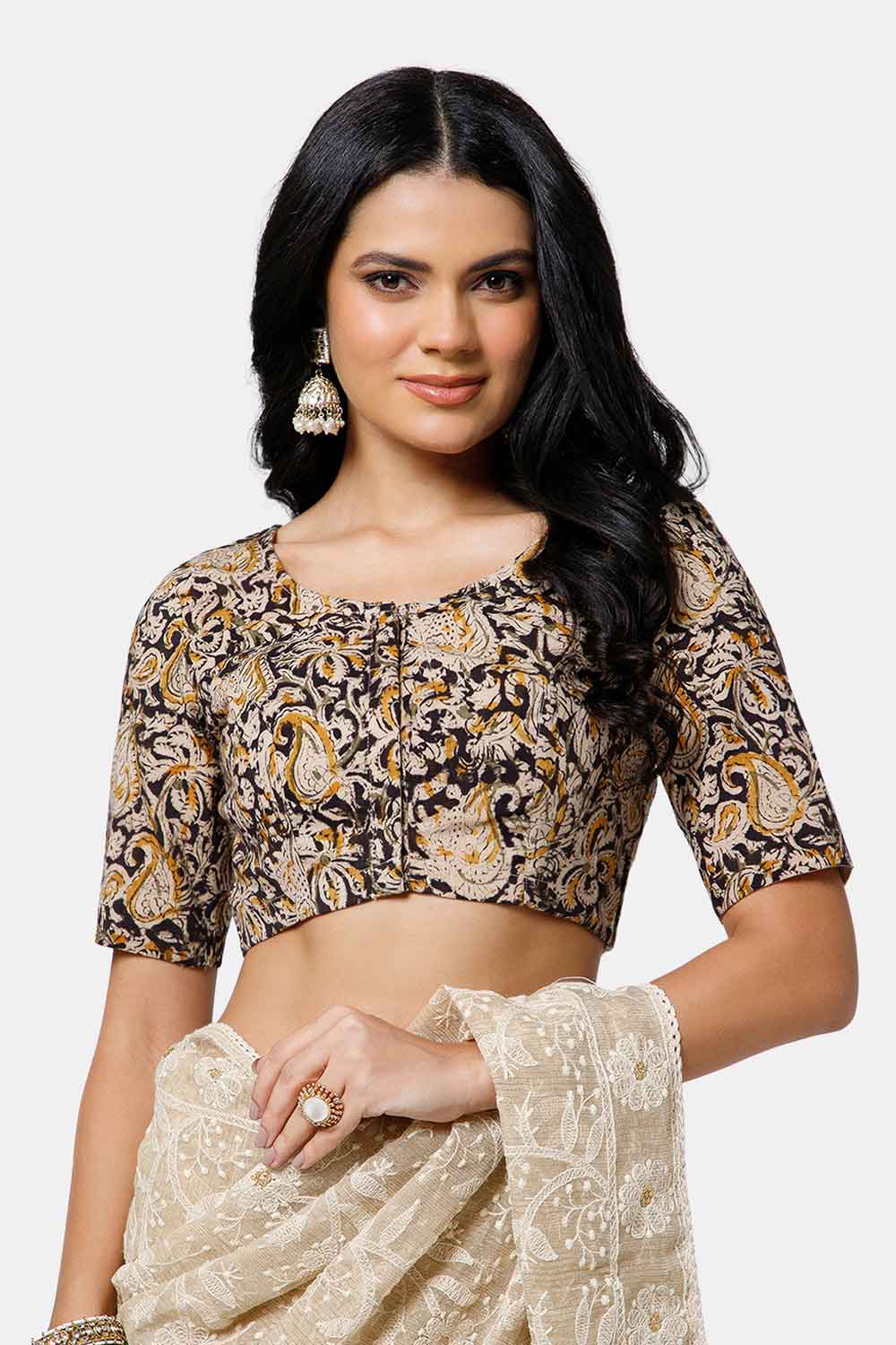 Naidu Hall Women’s Cotton Blouse – U-Neck Front Open Blouse with Princess Cut & Elbow Sleeves | Everyday Ethnic Wear - BU17-K6