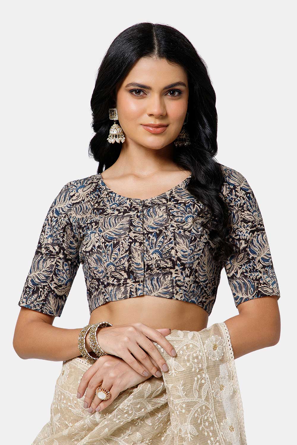 Naidu Hall Women’s Cotton Blouse – U-Neck Front Open Blouse with Princess Cut & Elbow Sleeves | Everyday Ethnic Wear - BU17-K6