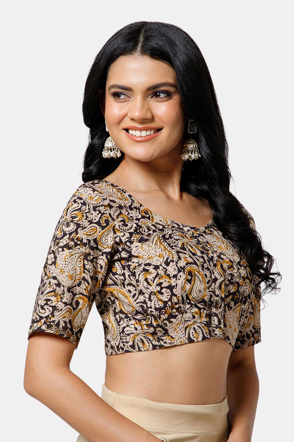 Naidu Hall Women’s Cotton Blouse – U-Neck Front Open Blouse with Princess Cut & Elbow Sleeves | Everyday Ethnic Wear - BU17-K6