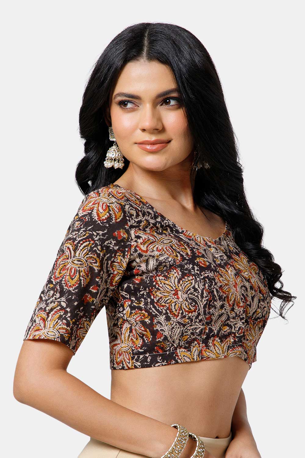 Naidu Hall Women’s Cotton Blouse – U-Neck Front Open Blouse with Princess Cut & Elbow Sleeves | Everyday Ethnic Wear - BU17-K6