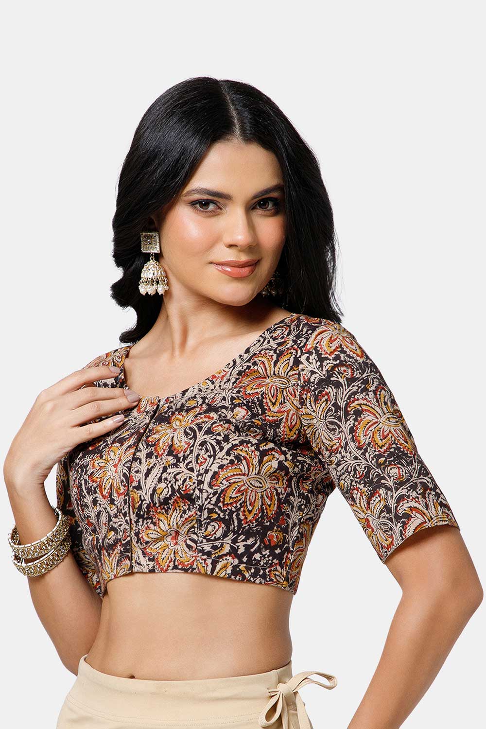 Naidu Hall Women’s Cotton Blouse – U-Neck Front Open Blouse with Princess Cut & Elbow Sleeves | Everyday Ethnic Wear - BU17-K6