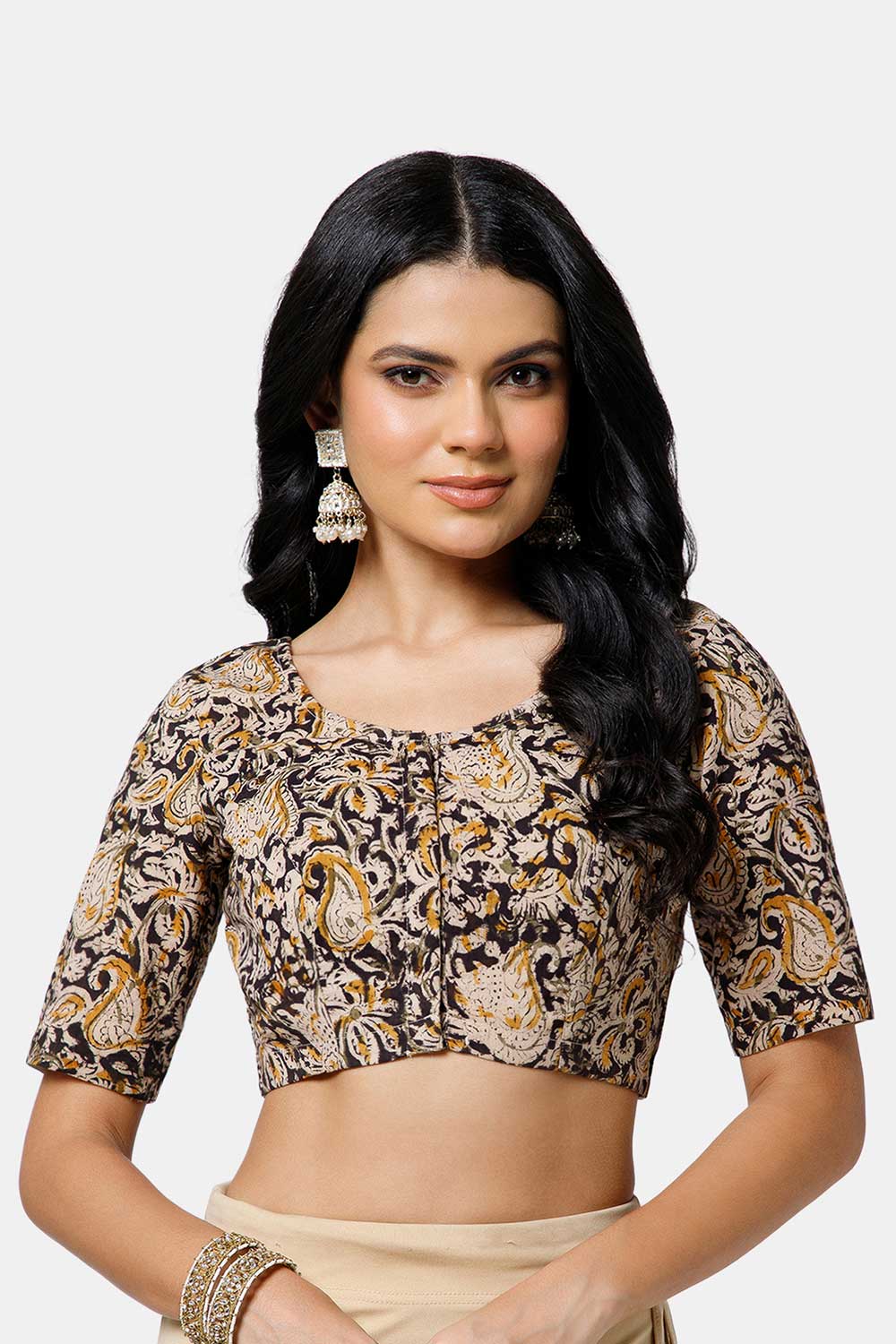 Naidu Hall Women’s Cotton Blouse – U-Neck Front Open Blouse with Princess Cut & Elbow Sleeves | Everyday Ethnic Wear - BU17-K6