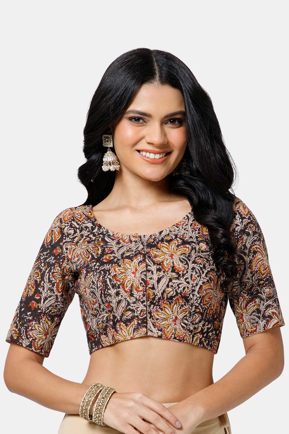 Naidu Hall Women’s Cotton Blouse – U-Neck Front Open Blouse with Princess Cut & Elbow Sleeves | Everyday Ethnic Wear - BU17-K6