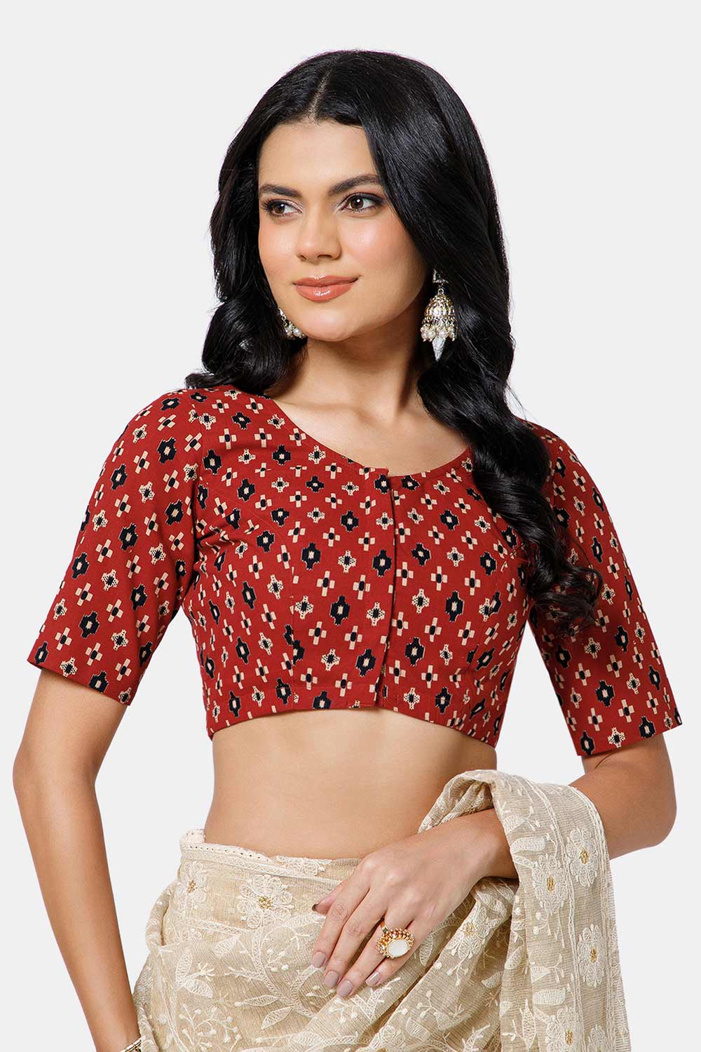 Naidu Hall Women’s Cotton Blouse – U Neck Front Open Saree Blouse with Princess Cut & Elbow Sleeves | Traditional & Casual Ethnic Wear Blouse for Women - Red - BU17-P6