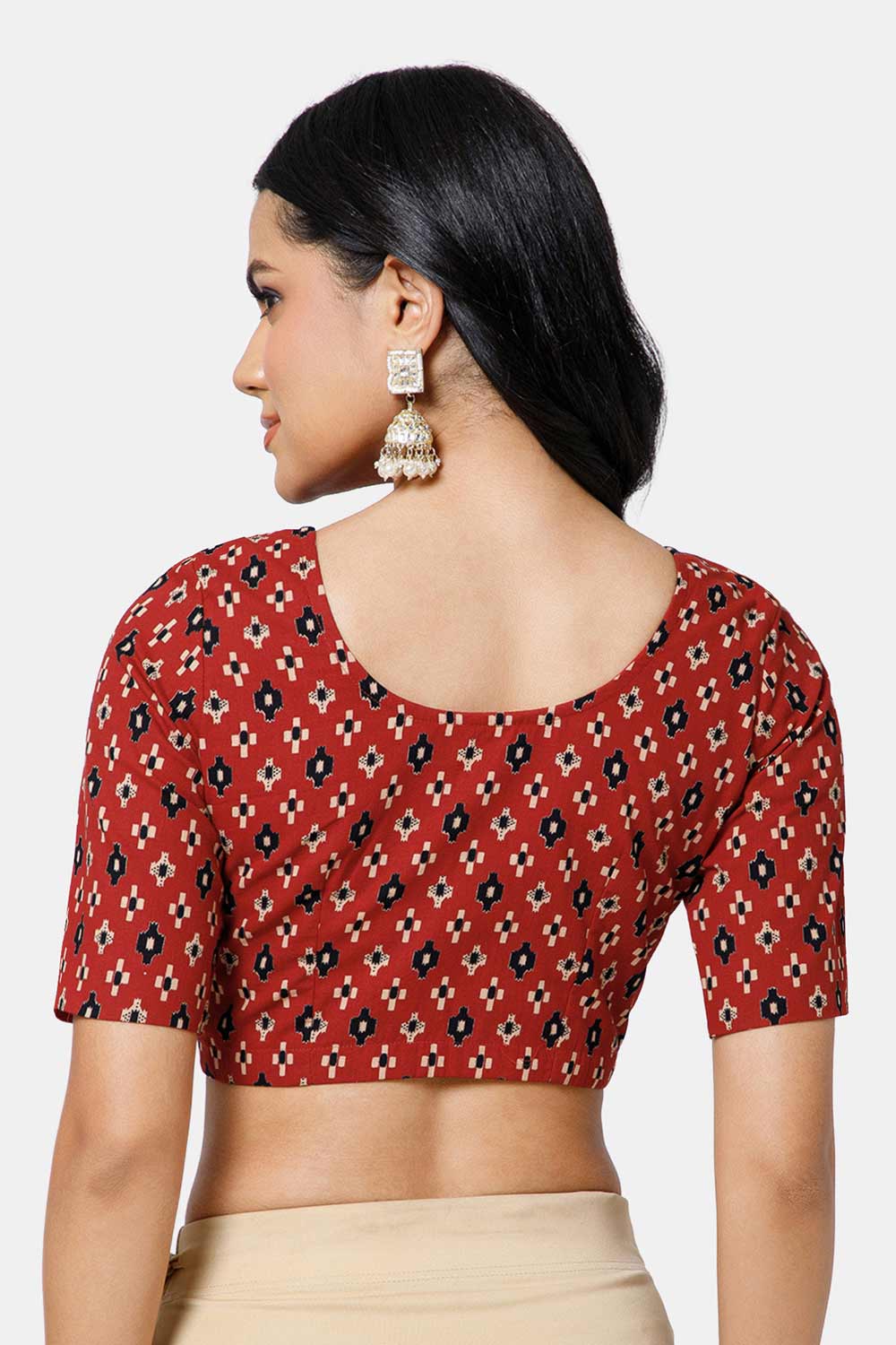 Naidu Hall Women’s Cotton Blouse – U Neck Front Open Saree Blouse with Princess Cut & Elbow Sleeves | Traditional & Casual Ethnic Wear Blouse for Women - Red - BU17-P6