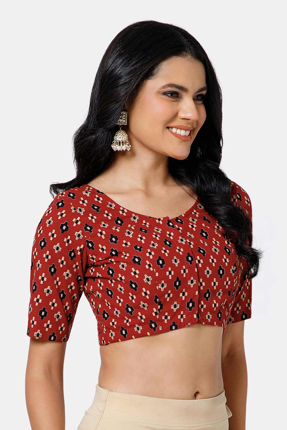 Naidu Hall Women’s Cotton Blouse – U Neck Front Open Saree Blouse with Princess Cut & Elbow Sleeves | Traditional & Casual Ethnic Wear Blouse for Women - Red - BU17-P6