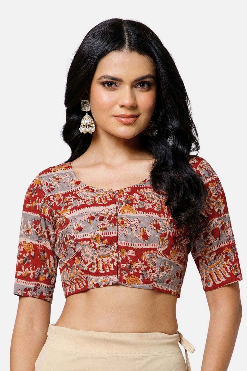 Naidu Hall Women’s Cotton Blouse – U-Neck Front Open Blouse with Princess Cut & Elbow Sleeves | Everyday Ethnic Wear - BU17-K5