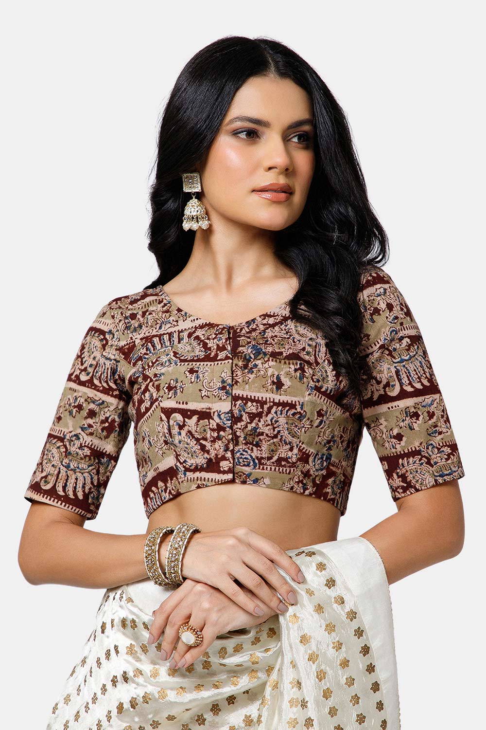 Naidu Hall Women’s Cotton Blouse – U-Neck Front Open Blouse with Princess Cut & Elbow Sleeves | Everyday Ethnic Wear - BU17-K5
