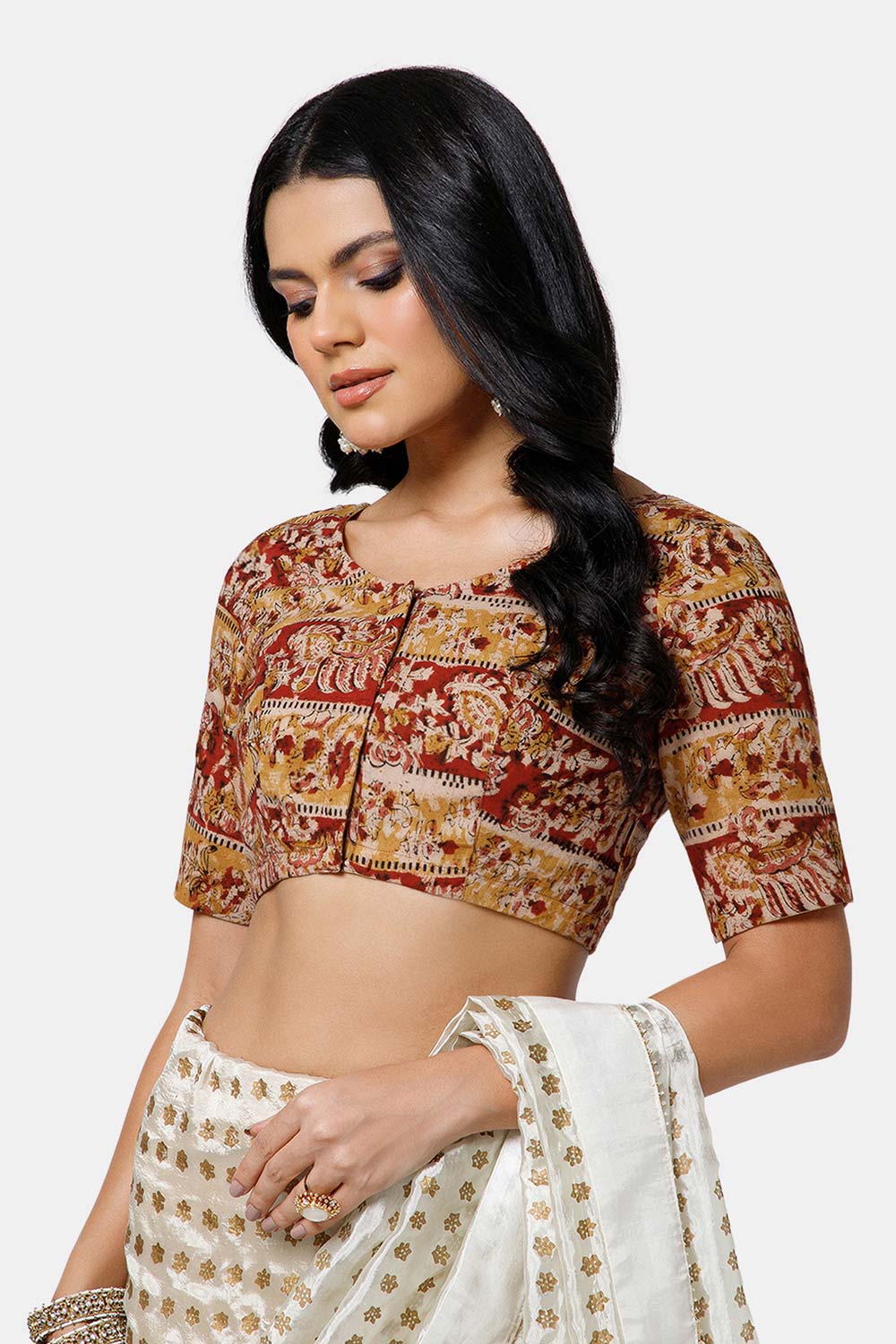 Naidu Hall Women’s Cotton Blouse – U-Neck Front Open Blouse with Princess Cut & Elbow Sleeves | Everyday Ethnic Wear - BU17-K5