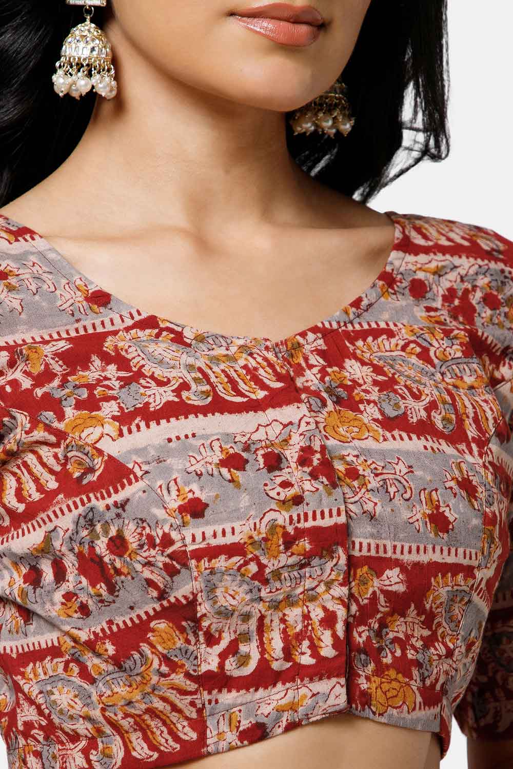 Naidu Hall Women’s Cotton Blouse – U-Neck Front Open Blouse with Princess Cut & Elbow Sleeves | Everyday Ethnic Wear - BU17-K5