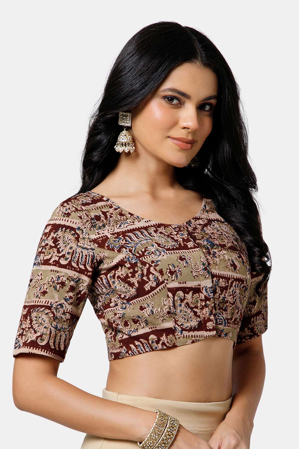 Naidu Hall Women’s Cotton Blouse – U-Neck Front Open Blouse with Princess Cut & Elbow Sleeves | Everyday Ethnic Wear - BU17-K5
