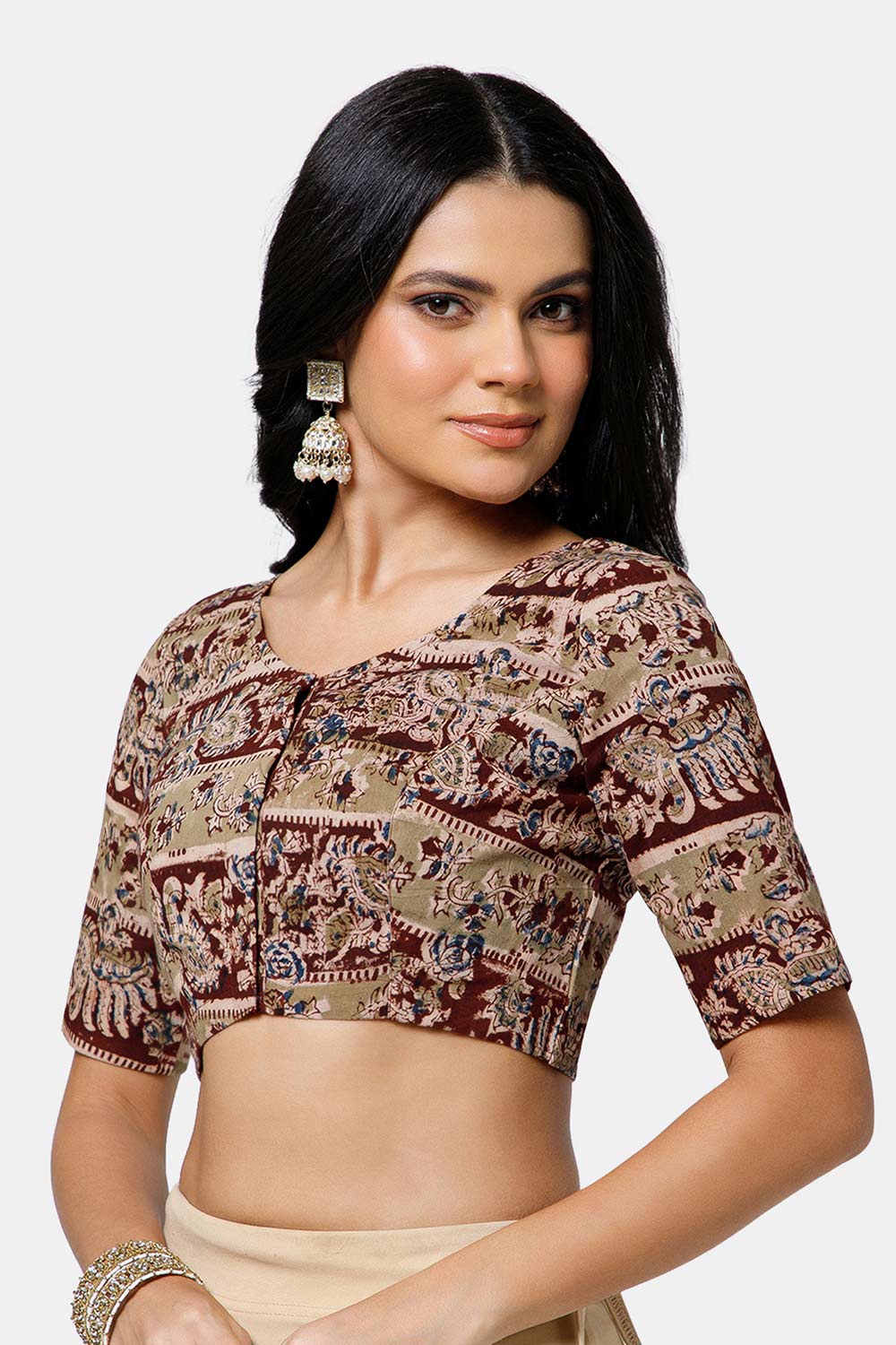 Naidu Hall Women’s Cotton Blouse – U-Neck Front Open Blouse with Princess Cut & Elbow Sleeves | Everyday Ethnic Wear - BU17-K5
