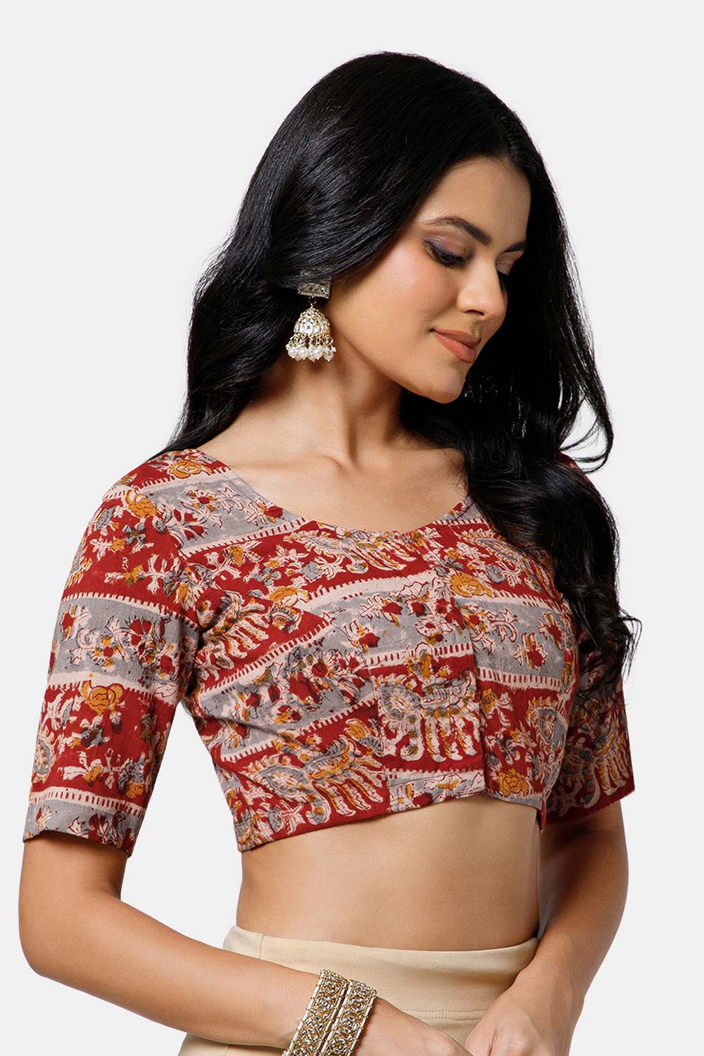 Naidu Hall Women’s Cotton Blouse – U-Neck Front Open Blouse with Princess Cut & Elbow Sleeves | Everyday Ethnic Wear - BU17-K5
