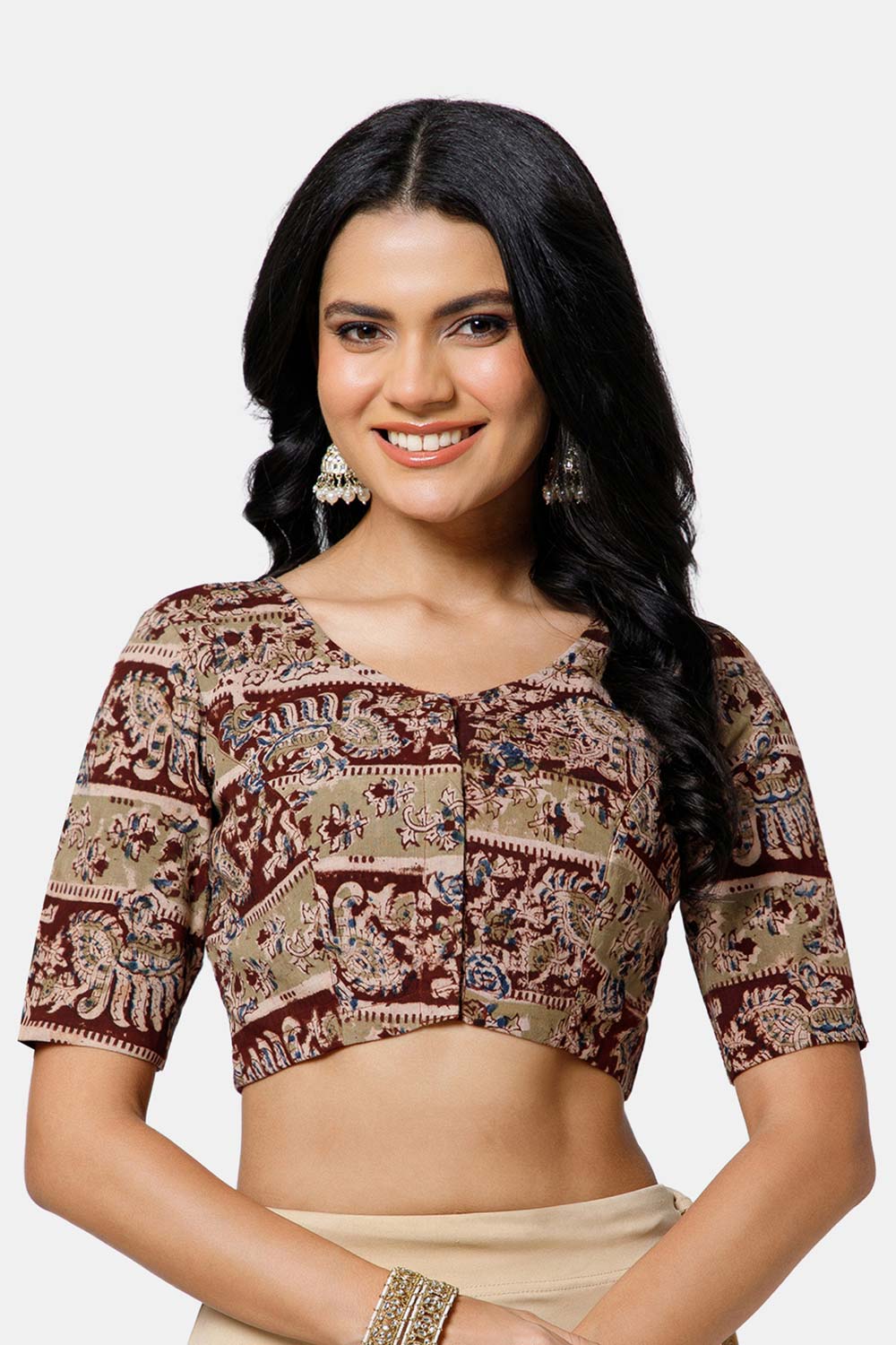 Naidu Hall Women’s Cotton Blouse – U-Neck Front Open Blouse with Princess Cut & Elbow Sleeves | Everyday Ethnic Wear - BU17-K5