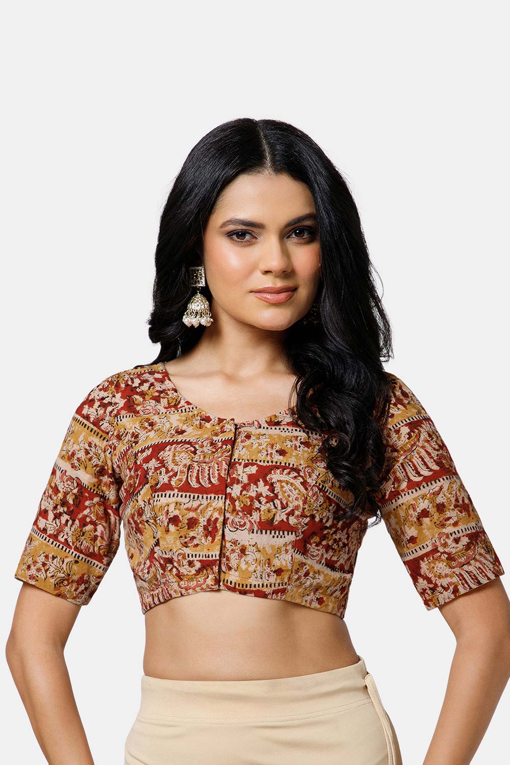 Naidu Hall Women’s Cotton Blouse – U-Neck Front Open Blouse with Princess Cut & Elbow Sleeves | Everyday Ethnic Wear - BU17-K5