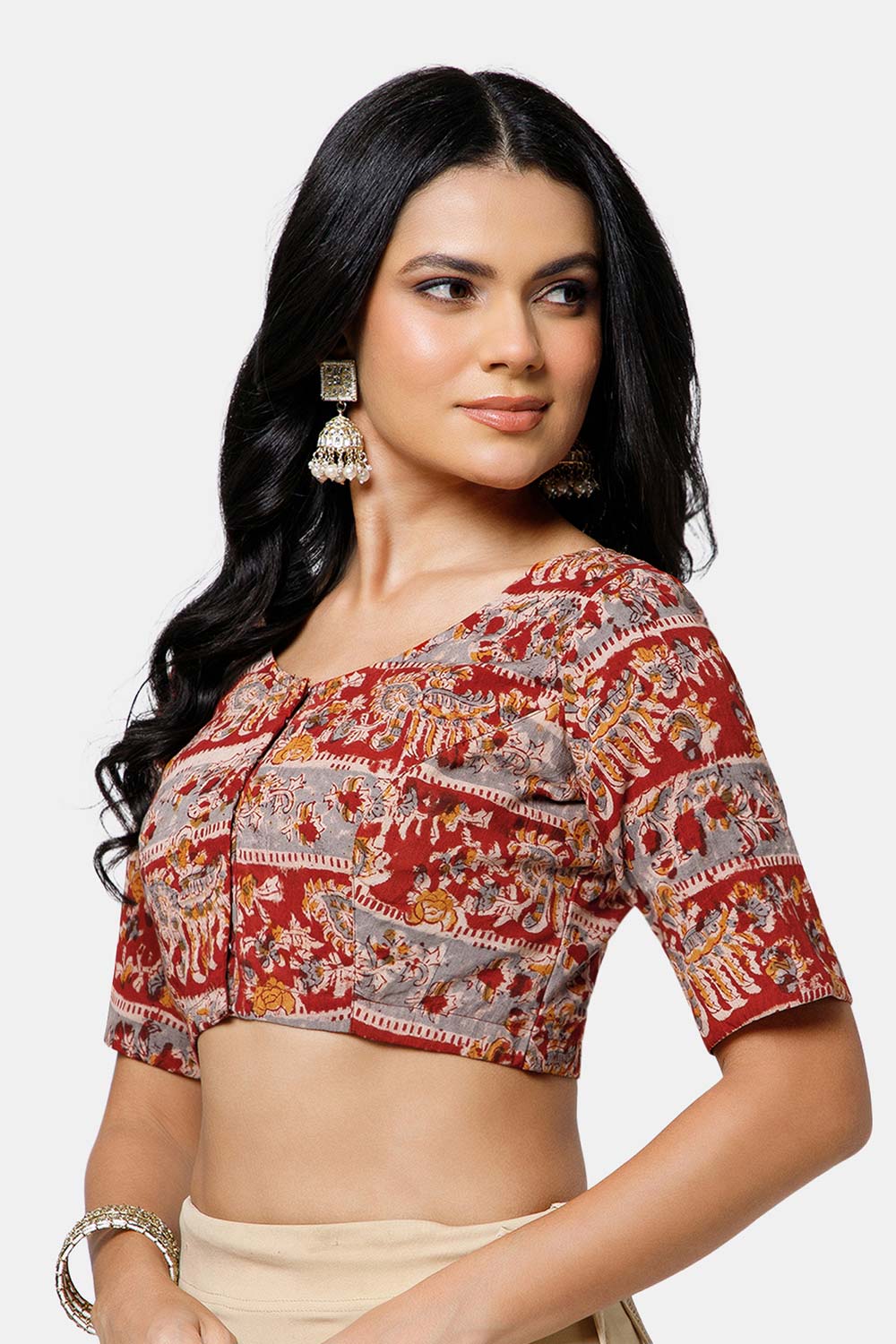 Naidu Hall Women’s Cotton Blouse – U-Neck Front Open Blouse with Princess Cut & Elbow Sleeves | Everyday Ethnic Wear - BU17-K5