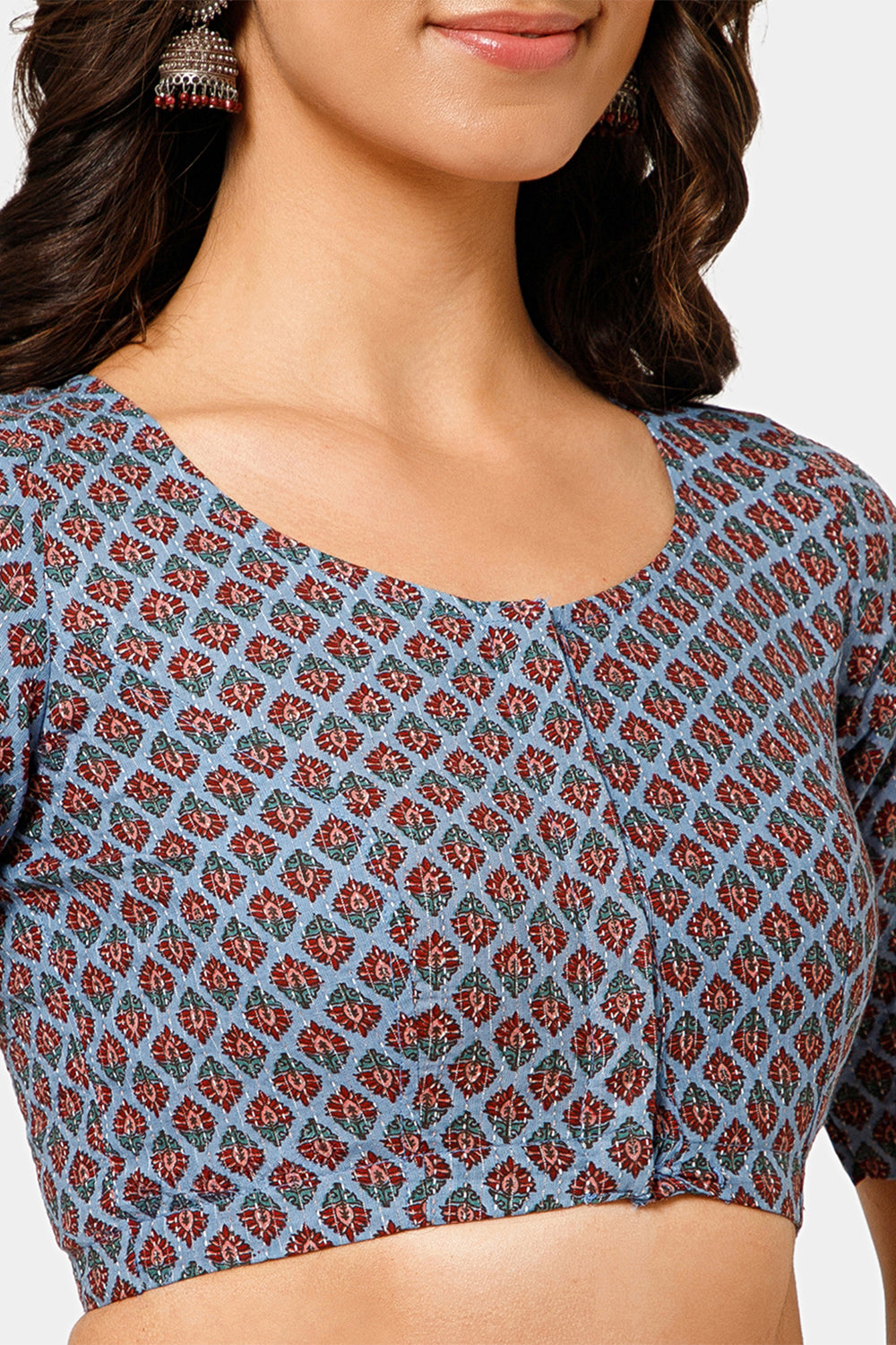 Naidu Hall Women’s Jaipur Cotton Printed Front-Open Blouse | Curved V-Neck, Elbow Sleeves, Regular Fit - BU23