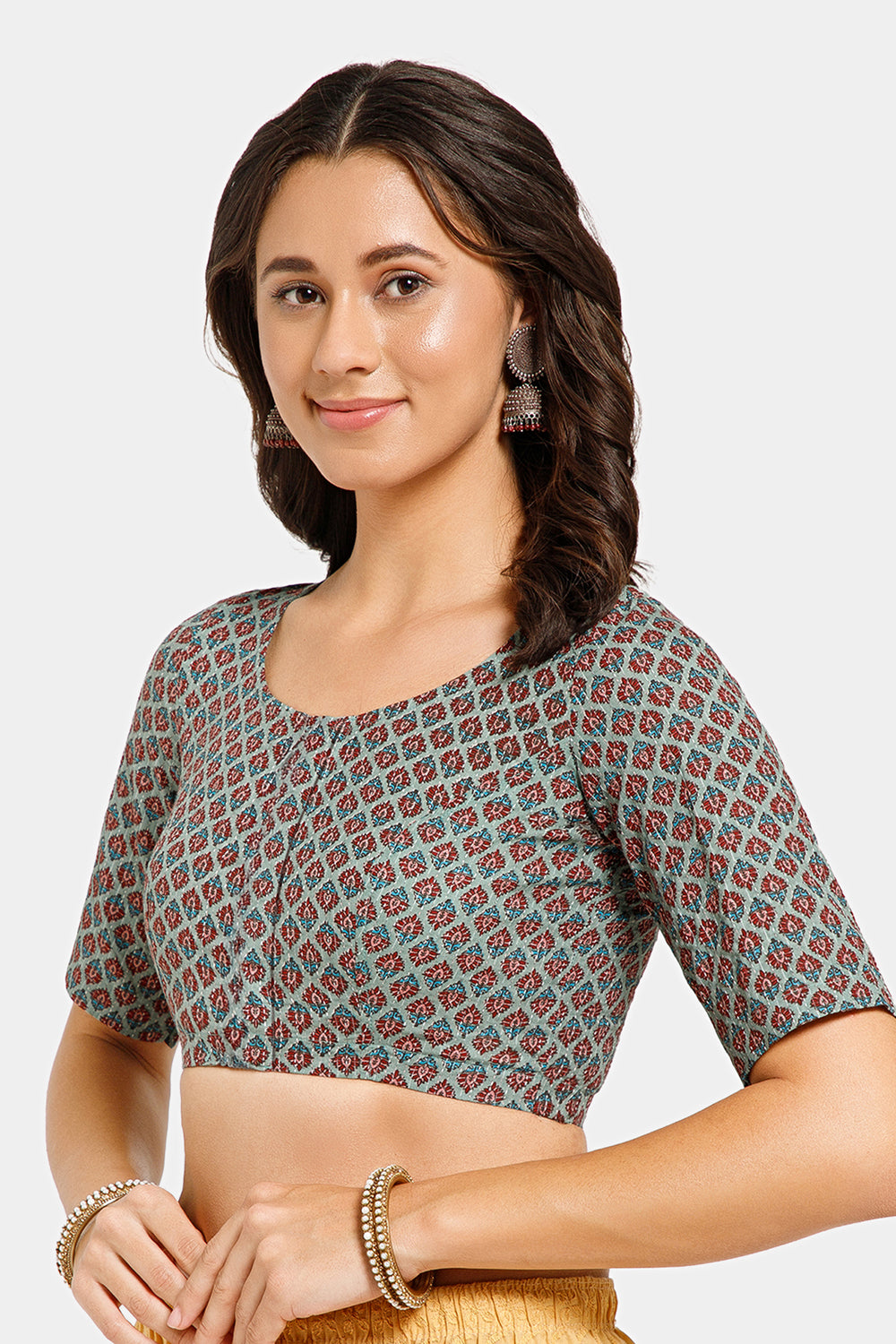 Naidu Hall Women’s Jaipur Cotton Printed Front-Open Blouse | Curved V-Neck, Elbow Sleeves, Regular Fit - BU23