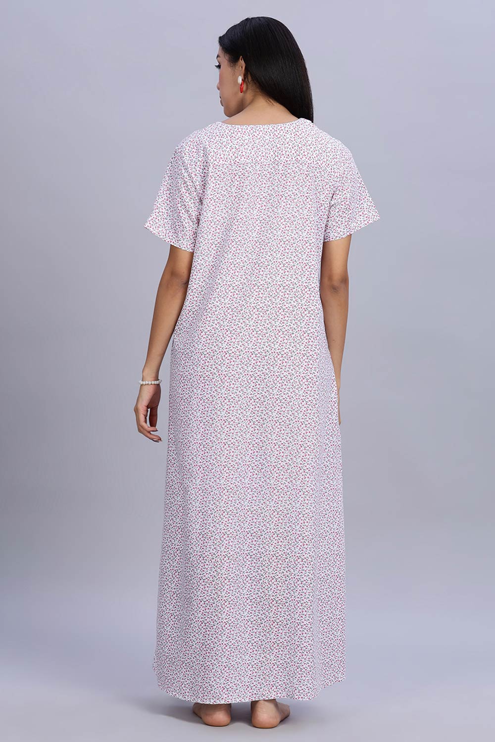 Naidu Hall Women's Printed A-Line Nighty with Round Neck Mock Shawl Collar, Half Sleeves, and Lace Detailed Button Placket - Pink - NA07