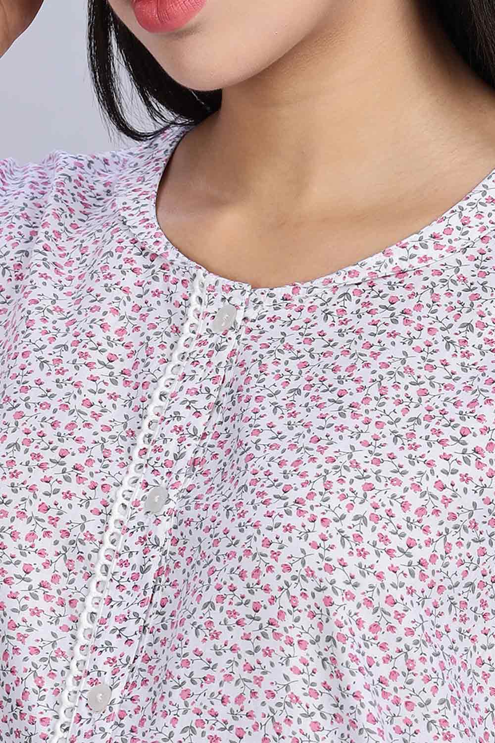 Naidu Hall Women's Printed A-Line Nighty with Round Neck Mock Shawl Collar, Half Sleeves, and Lace Detailed Button Placket - Pink - NA07