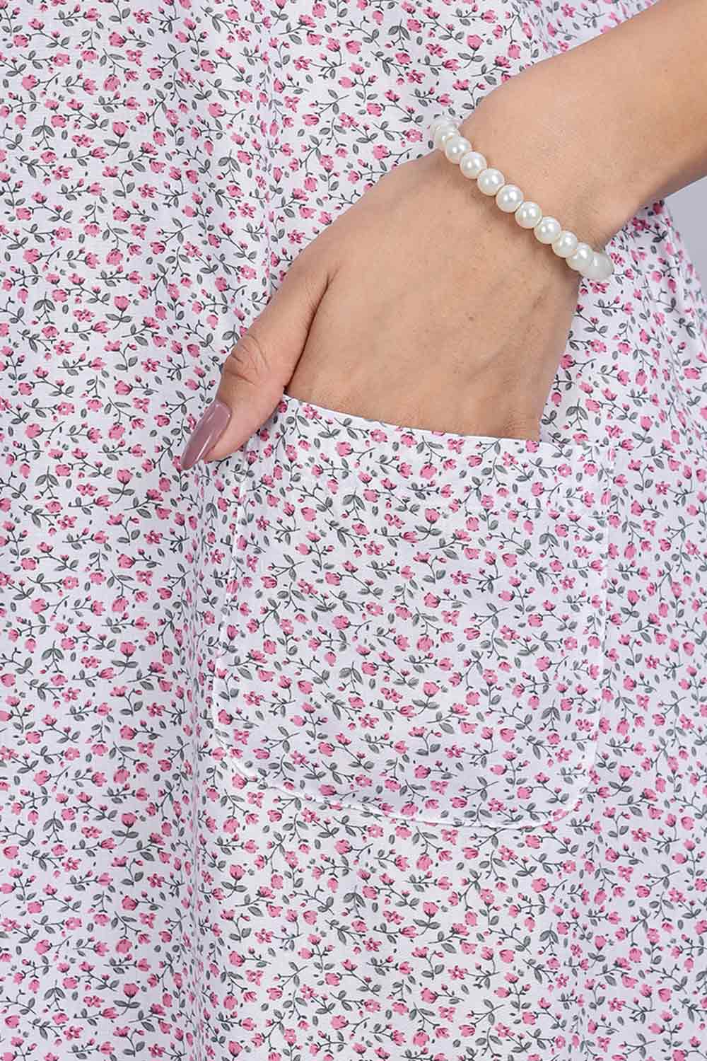 Naidu Hall Women's Printed A-Line Nighty with Round Neck Mock Shawl Collar, Half Sleeves, and Lace Detailed Button Placket - Pink - NA07